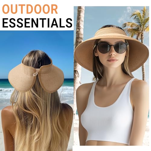 Sun Visor Hats for Women Wide Brim Straw Packable Beach Hat Khaki (Khaki)