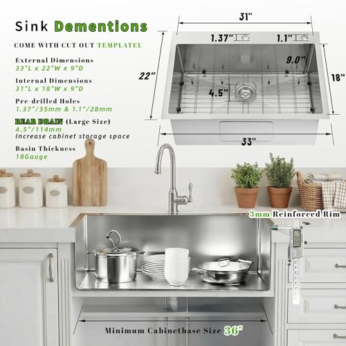 Drop in Kitchen Sink 33"x22" Single Bowl (33" x 22")