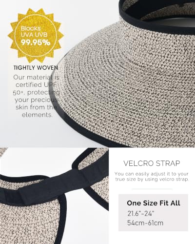 Womens Sun Hat with Ponytail Hole Wide Brim Beach Straw Visor (Medium / Mix Khaki With Black)