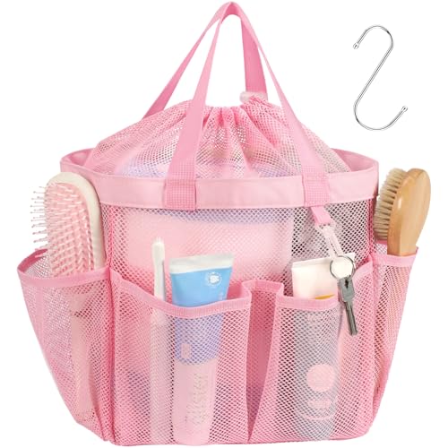 Mesh Shower Caddy Portable with Drawstring (Pink with Drawstring)
