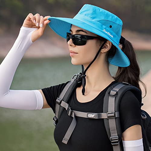 Ponytail Sun Hats for Women UPF 50+ SkyBlue (Skyblue/Grey(ponytail Hole))