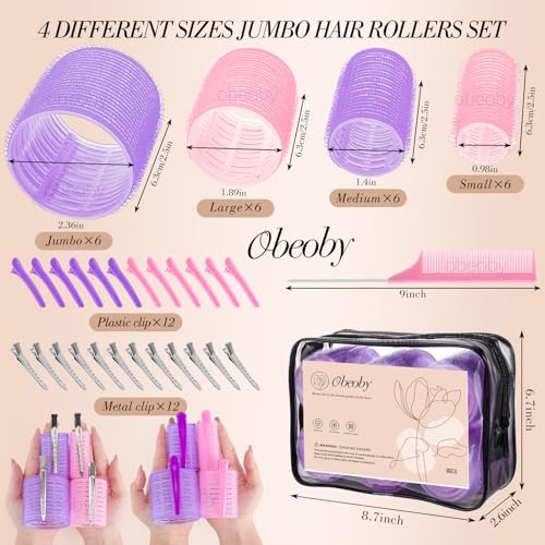 4 Sizes Hair Rollers Curler Set with Clips for Women (Pink and Purple)