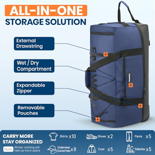 120L Rolling Duffle Bag with Wheels (Blue)