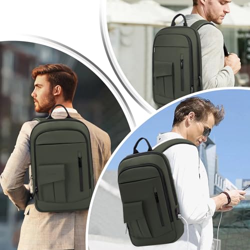 Business Backpack for Men Slim Lightweight Laptop Backpack for 17.3 Inch Computer Water Resistant Small Office Backpack for Commute Travel Daily Office Work with Small Bag (17.3" / With Pocket / Green)