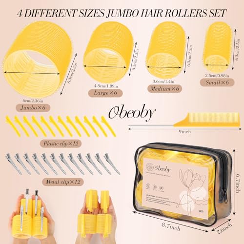 4 Sizes Hair Rollers Curlers Set with Clips for Women Girls (Yellow)