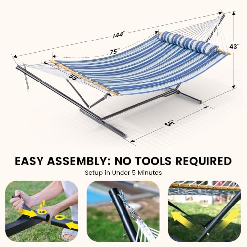 Double Hammock with Stand 500lbs Heavy Duty Outdoor Two Person Blue (Blue)