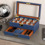 10 Slot Watch Box in Leather with Valet Drawer (Blue/Tan)