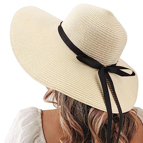 Womens Straw Hat Foldable Wide Brim Floppy Beach Sun Hat for Women Roll up Cap UPF 50+ Adjustable Strap Vacation (Ada Beige 5.9" Brim, 1 Pack)