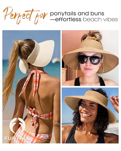 Womens Sun Visor Hats Wide Brim Straw Beach Hat UV Protection Ponytail Packable Beach Vacation Essentials Khaki (Khaki / One Size)