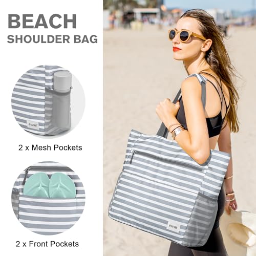 Beach Bag Waterproof Sandproof Large Capacity Foldable for Women (Grey Stripe / 35L)