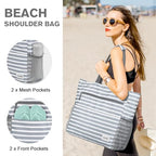 Beach Bag Waterproof Sandproof Large Capacity Foldable for Women (Grey Stripe / 35L)