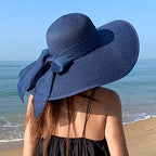 Women Wide Brim Bow Straw Hat Floppy Foldable Beach Sun Hat Roll up Cap UPF 50+ (Big Bow / Navy 5.9" Brim, 1 Pack)