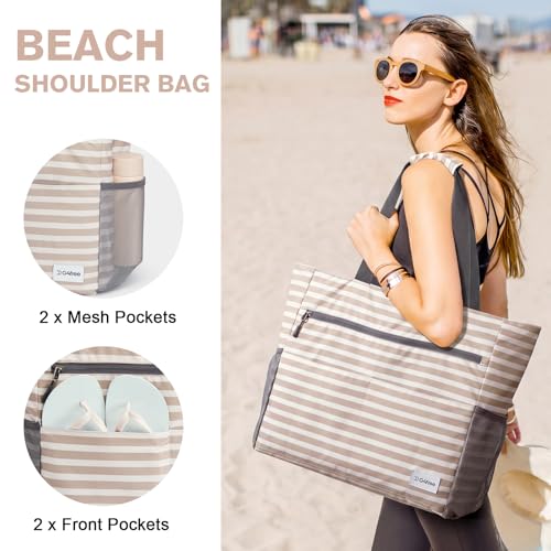 Beach Bag Waterproof Sandproof Large Capacity Foldable for Women (Brown Stripe / 35L)
