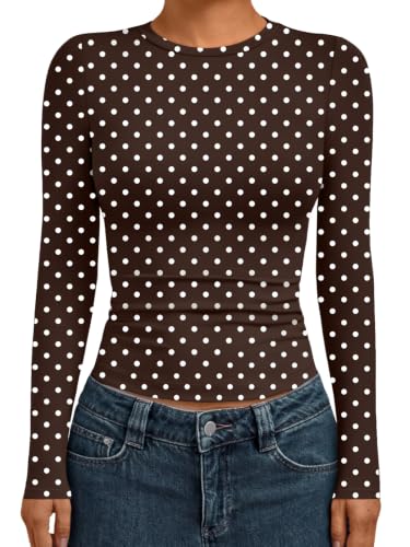 Womens Long Sleeve Shirts Basic Compression Tops Brown Dots L (Large / Brown Dots)