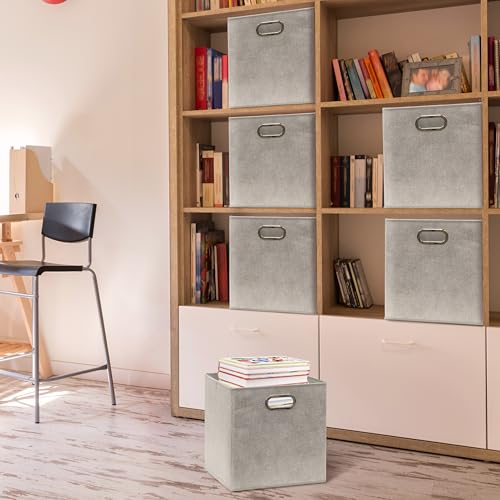11 Inch Foldable Cube Storage Bins with Handles (6 Pack - 10.5" x 10.5" x 11" / Gray)