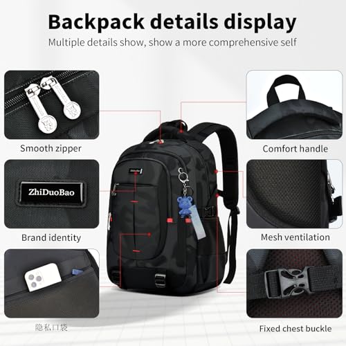 Backpack for School Boys Backpacks for Kids Camo Bookbag for Middle School Bags high school Waterproof Travel Back Pack (Medium (18.5*12.9*9 inches) / Black + (Pendant))