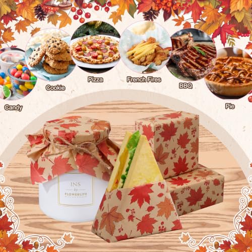 100 Pcs Fall Maple Leaves Wax Paper Sheets for Food Wrapping (Colorful / Maple Leaves)
