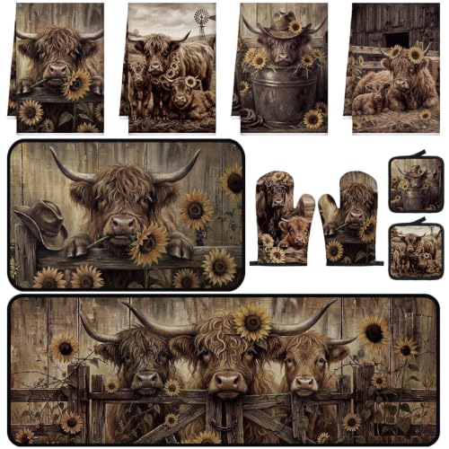 10 Pcs Rustic Highland Cow Kitchen Decor and Accessories Set (Brown / Cow Sunflower)