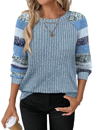 Womens Tops Winter Clothing Fall Tunics for Women Long Sleeve Sweaters for Women Fall Clothes Comfiest Airport Outfits Business Casual Travel Cozy Fall Fashion Plus Size Maternity (XX-Large / 08-sky Blue Stripes)