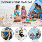 Waterproof Beach Tote Pool Bags for Women Ladies Extra Large Carry On Bag With Wet Compartment for Weekender Travel (Red Strawberry & White Floral)