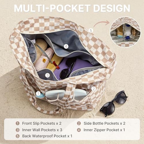 Beach Bag Waterproof Sandproof Large Capacity Foldable for Women (Brown Checkered / 35L)