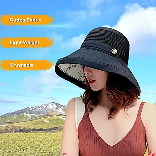 Women Summer Mesh Sun Hats Floppy Wide Brim UV Protection Fishing Hat Beach Hiking Garden Travel Lawn Work Cap Chin Strap (One Size / M9163-black)