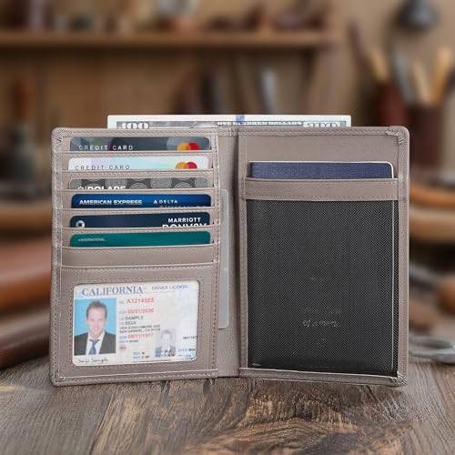 Polare Leather AirTag Passport Holder RFID Blocking Travel Bifold Wallet (Grey with AirTag Slot)