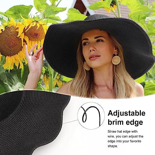 Beach Hats for Women Big Straw Wide Brim Summer Hat Floppy Foldable Roll up Cap Sun Hat UPF 50+ (Straw Fedora: Black, 4.7" Brim, 1 Pack)