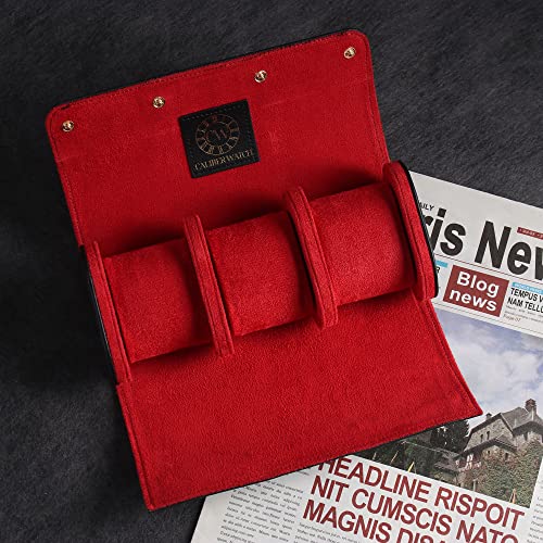 Genuine Napa Leather Watch Roll Travel Case for 3 Watches (Black)