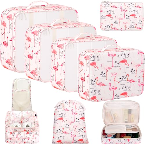 8 Set Packing Cubes Luggage Packing Organizers for Travel Accessories (Pink Flamingo / 8 Set)
