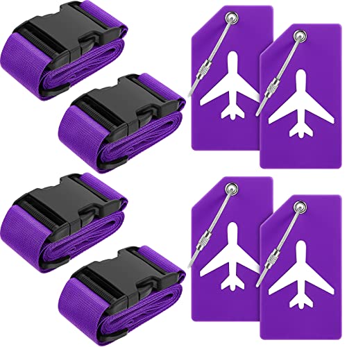 8 Pcs Luggage Straps Suitcase Tags Set for TSA Approved (Dark Purple / Airplane)