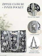 100% Cotton Quilted Tote Bag For Women (Indigo Floral)