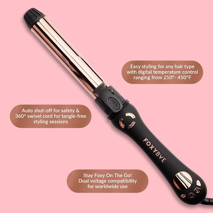 FoxyBae Automatic Curling Iron - Professional Auto Rotating Hair Curler Wand for Long Hair w/Temp Control - 1.25” Titanium Hot Hair Styling Tools for Silky Curls - Self Hair Curlers [Black Rose-Gold]
