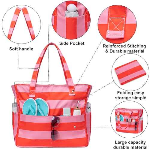 Waterproof Beach Tote Pool Bags for Women Ladies Extra Large Gym Tote Carry On Bag With Wet Compartment for Weekender Travel (Rose Pink Stripe)
