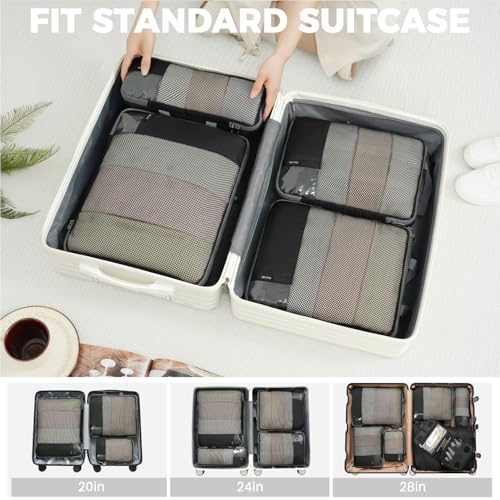 4 Set/6 Set/8 Set Compression Packing Cubes Travel Accessories Expandable Packing Organizers (Half Mesh, 8-Jet Black) (8-Jet Black / Half Mesh)