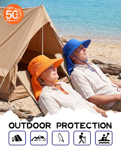 Outdoor UPF50+ Sun Hat Wide Brim Mesh Fishing Hat with Neck Flap (Large-X-Large / Orange)