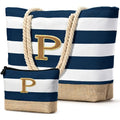 Beach Bag Initial Beach Tote with Makeup Bag for Travel (Dark Blue 2 Pcs)