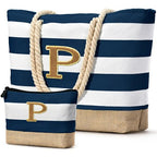Beach Bag Initial Beach Tote with Makeup Bag for Travel (Dark Blue 2 Pcs)