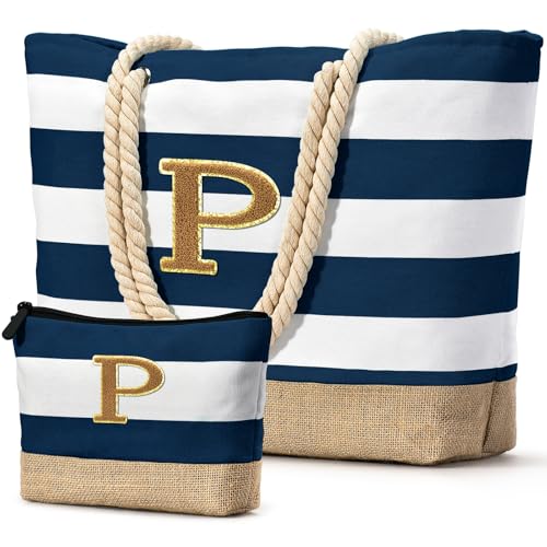 Beach Bag Initial Beach Tote with Makeup Bag for Travel (Dark Blue 2 Pcs)