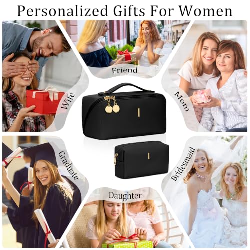 Initial Makeup Bag Personalized Gift for Women Teen Girls (Black / I)