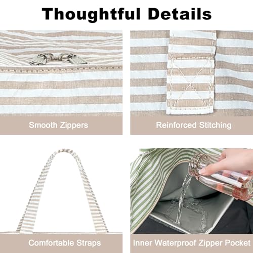 Beach Bag Sandproof Women Tote Bag Pool Bag with Zipper for Gym Grocery Travel with Wet Pocket (Khaki Stripe)