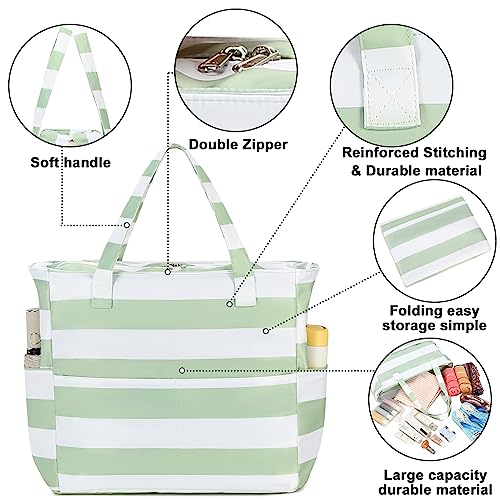Waterproof Beach Tote Pool Bags for Women Ladies Extra Large Gym Tote Carry On Bag With Wet Compartment for Weekender Travel (Sage Green Stripe)
