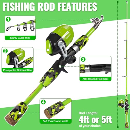 Kids Fishing Pole with Spincast Reel Telescopic Fishing Rod Combo Full Kits for Boys (Green / 4FT / 1.2M)