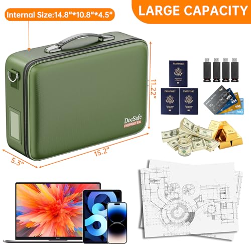 Fireproof Document Box Hard Case with Lock ＆ Accordion File Folder (15.2" x 11.2" x 5.3"(colorful) / Green)