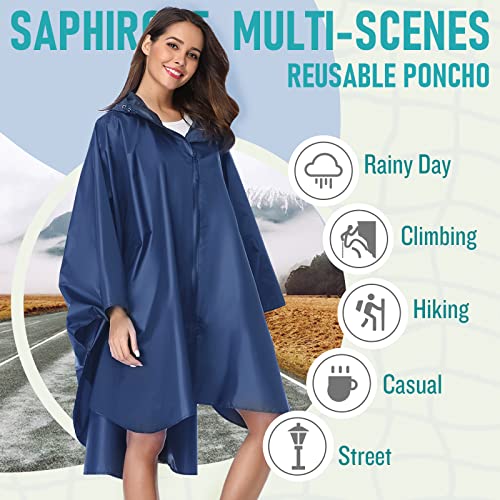 Unisex Rain Poncho Raincoat Hooded for Adults Women with Pockets (Navy)