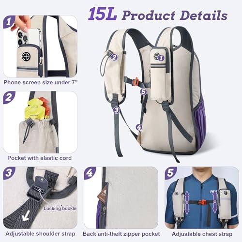 15L Small Hiking Backpack for Men Women Foldable Packable Back Pack Ultralight Hiking Daypack for Travel Camping Outdoor (Beige Purple / 15L)