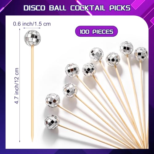 100 Pcs Disco Ball Cocktail Picks 4.7 Inch Mirror Ball End (Disco Ball)