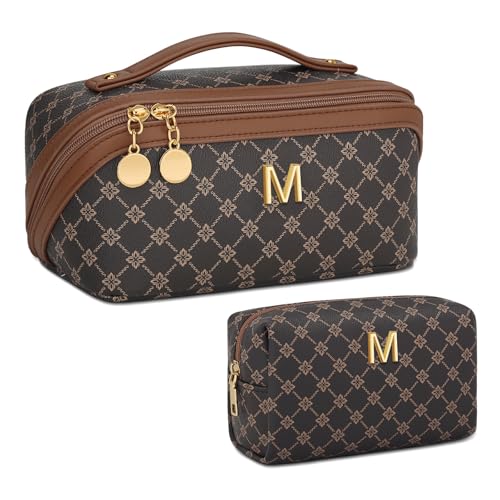 Initial Makeup Bag Personalized Gift for Women Teen Girls (Coffee / M)