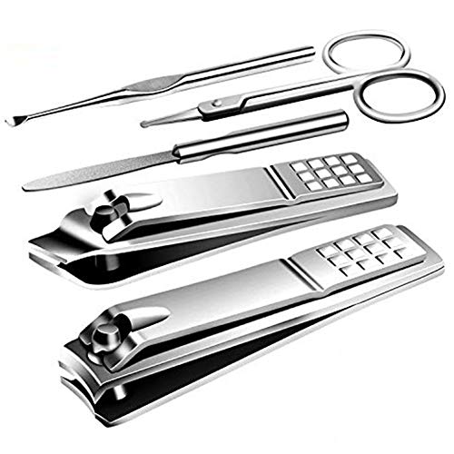Manicure Pedicure Kit Nail Clippers Set Fingernails & Toenails Vibrissac Scissor 5 Pieces Best Care Tools for Man & Women with Travel Case (Primary Color of Stainless Steel 5 Pieces)