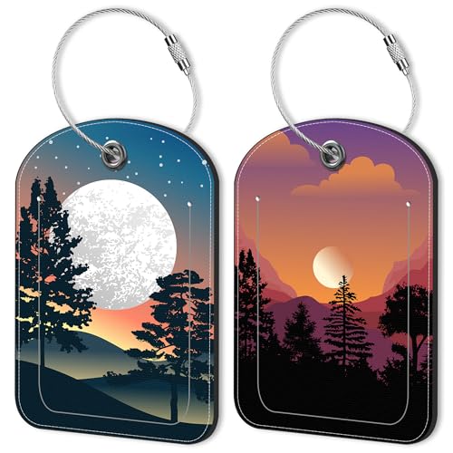 Abstract Mountain Forest Moon Leather Luggage Tag for Suitcase 2 Pack Luggage Tag with Privacy Name ID Label and Stainless Steel Loop for Travel Bag Suitcase (Abstract Mountain Forest Moon)